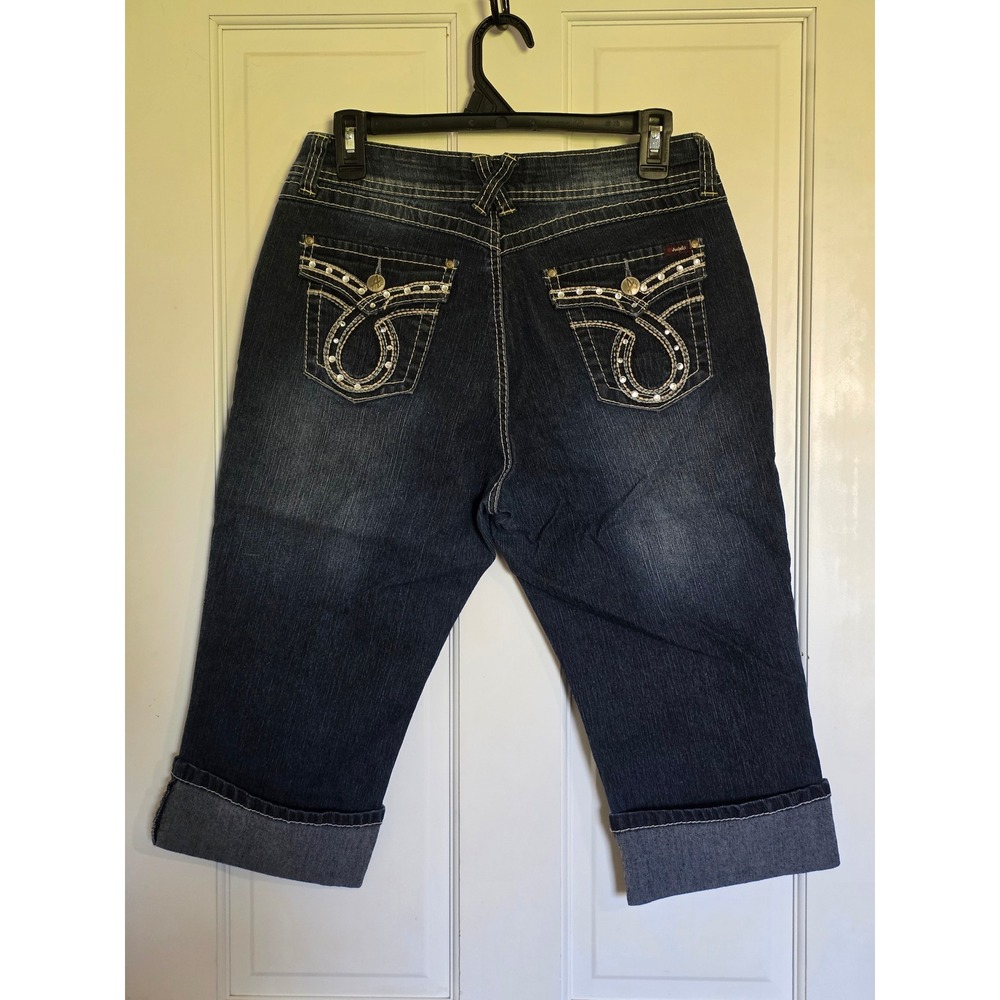 Angels Womens Dark Wash Denim Capri Jeans Size 10 Y2K Rhinestone Cuffed Cropped
